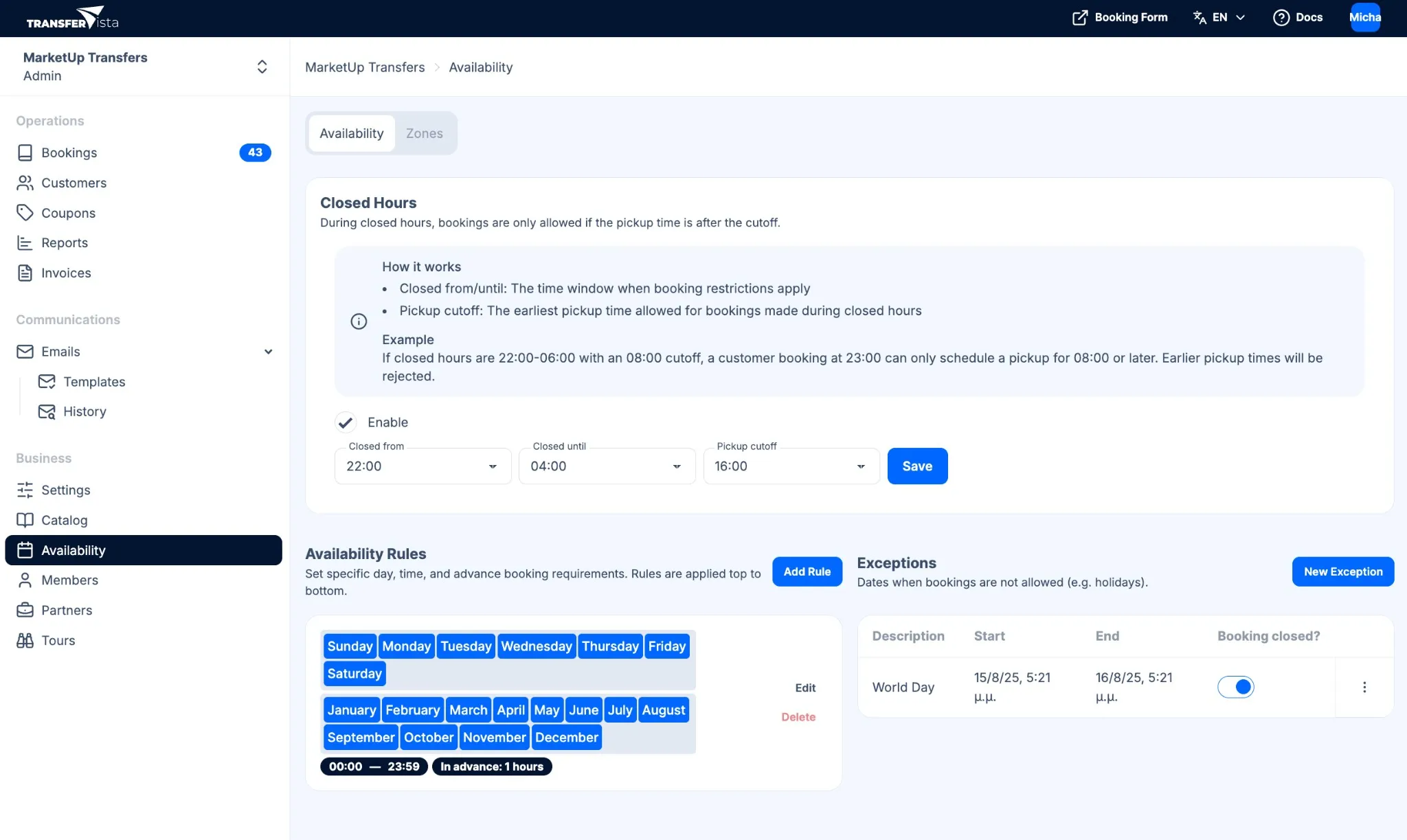 Availability tab — Closed Hours, Availability Rules (Add Rule), Exceptions (New Exception)