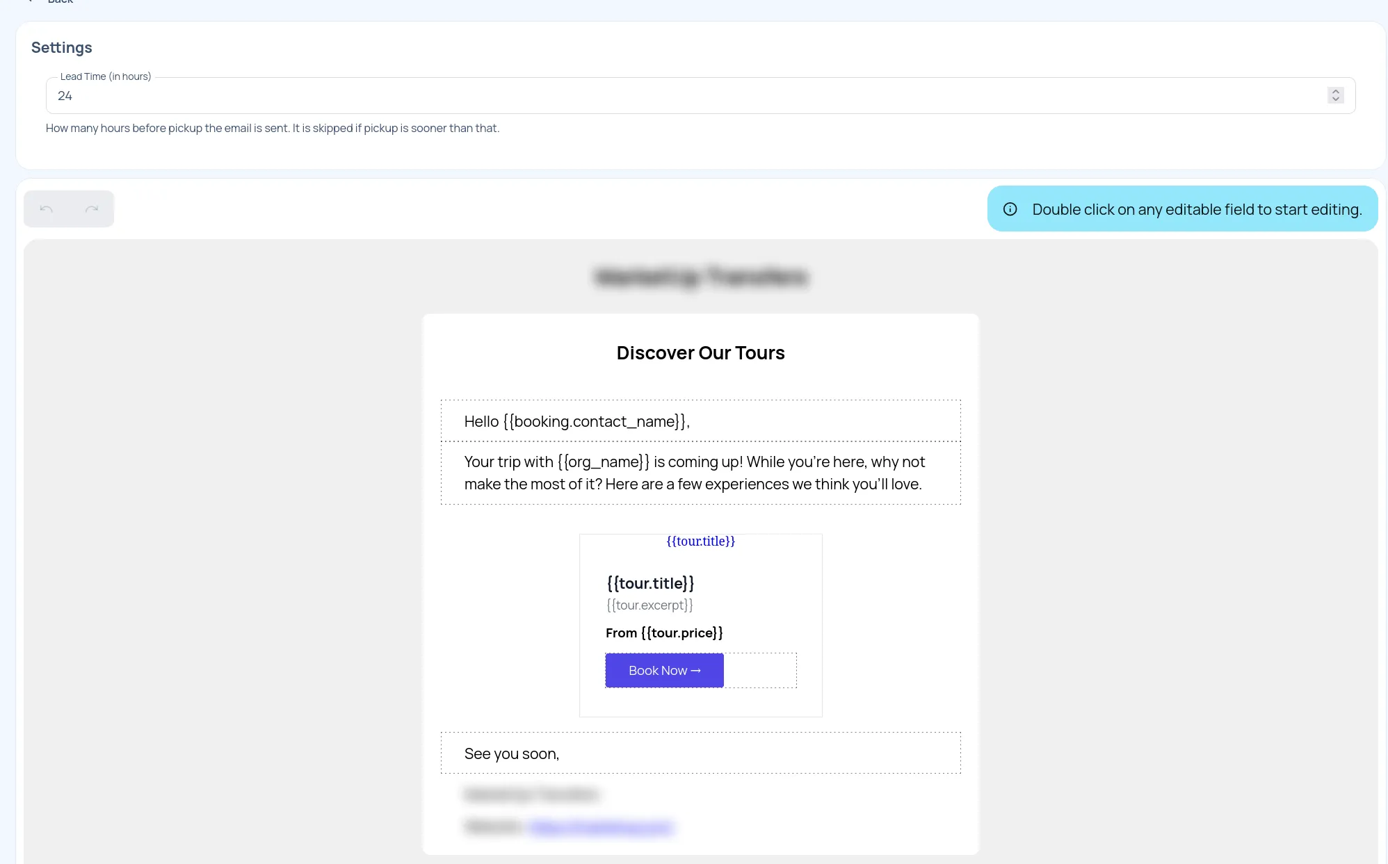 Tour upsell email settings