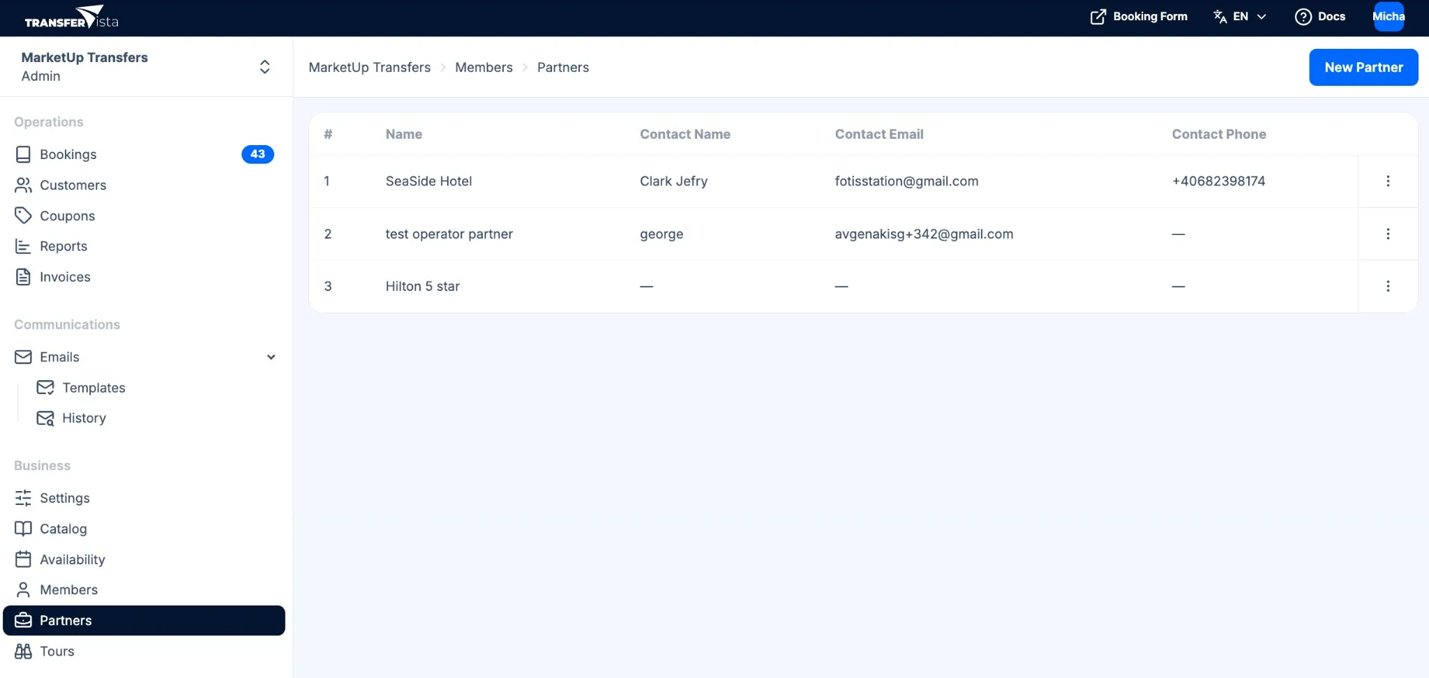 Partners list — New Partner button, table with Name, Contact Name, Contact Email, Contact Phone, row actions