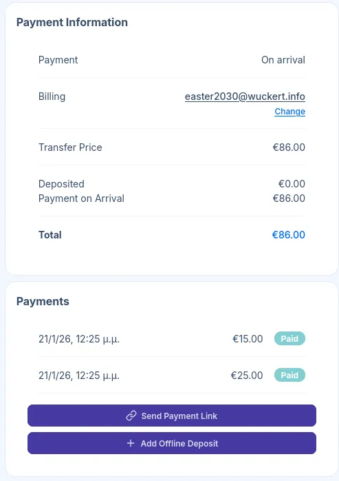 Booking details page showing the Payment Information and Payments sections