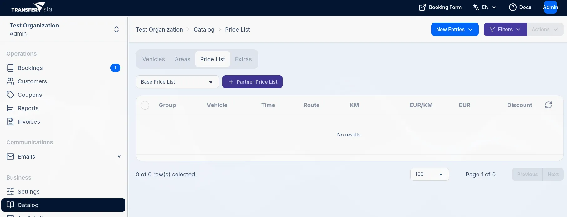 Navigation to Price List page