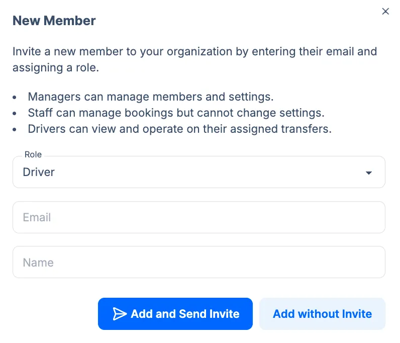 New Member form with Driver role selected — Role, Email, Name; Add and Send Invite, Add without Invite