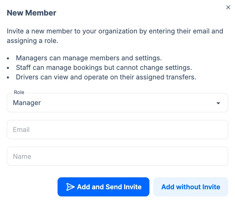 New Member modal — Role, Email, Name; Add and Send Invite, Add without Invite