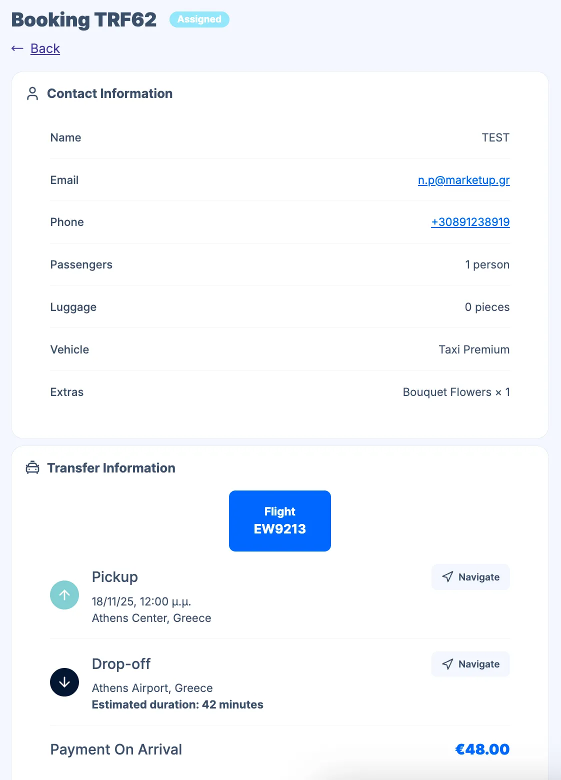 Driver assignment detail — Contact Information, Transfer Information with Navigate, Payment On Arrival