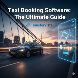 Image of a black taxi driving across a city bridge at sunset, overlaid with the glowing mobile screen of the TransferVista Taxi Booking Software customer app, illustrating digital ride booking and real-time tracking for the ultimate guide.