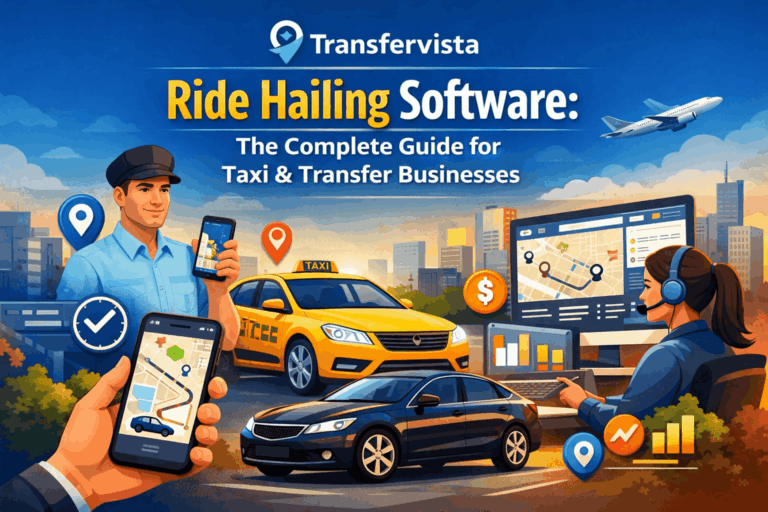 Ilustración del software de solicitud de transporte en funcionamiento con taxis, conductores, mapas GPS y sistemas de despacho para empresas de taxis y traslados, por Transfervista.