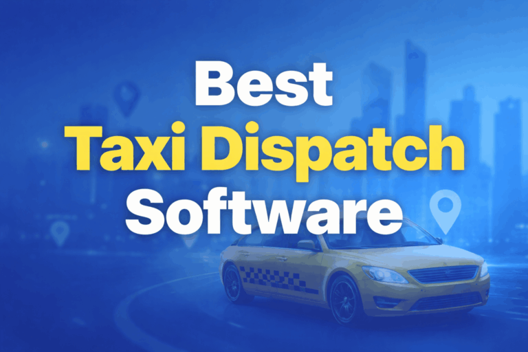 El mejor software de gestión de taxis: banner promocional con un moderno coche taxi y un paisaje urbano de fondo.