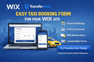 Σύγχρονος ιστότοπος Wix που εμφανίζει μια πλήρως λειτουργική φόρμα κράτησης ταξί σε φορητό υπολογιστή και smartphone με πεδία ημερομηνίας παραλαβής και επιλογής οχήματος, κίτρινα εικονίδια ταξί στο φόντο που αντιπροσωπεύουν άμεσες κρατήσεις, ηλεκτρονικές πληρωμές, ειδοποιήσεις SMS και προσαρμόσιμες φόρμες για μια απρόσκοπτη εμπειρία πελάτη.