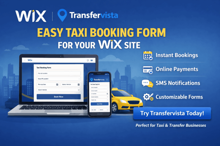 Sitio web moderno de Wix que muestra un formulario de reserva de taxi completamente funcional en una computadora portátil y un teléfono inteligente con campos para la fecha de recogida y destino y la selección del vehículo, un taxi amarillo en el fondo, iconos que representan reservas instantáneas, pagos en línea, notificaciones por SMS y formularios personalizables para una experiencia de cliente impecable.
