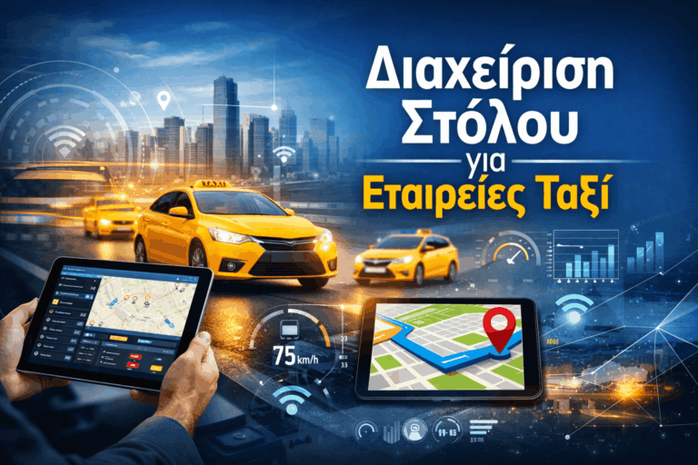 Tabletas, tabletas που δείχνουν χάρτες και δεδομένα διαχείρισης στόλου, με το κείμενο «Διαχείριση Στόλου για Εταιρείες Ταξί».