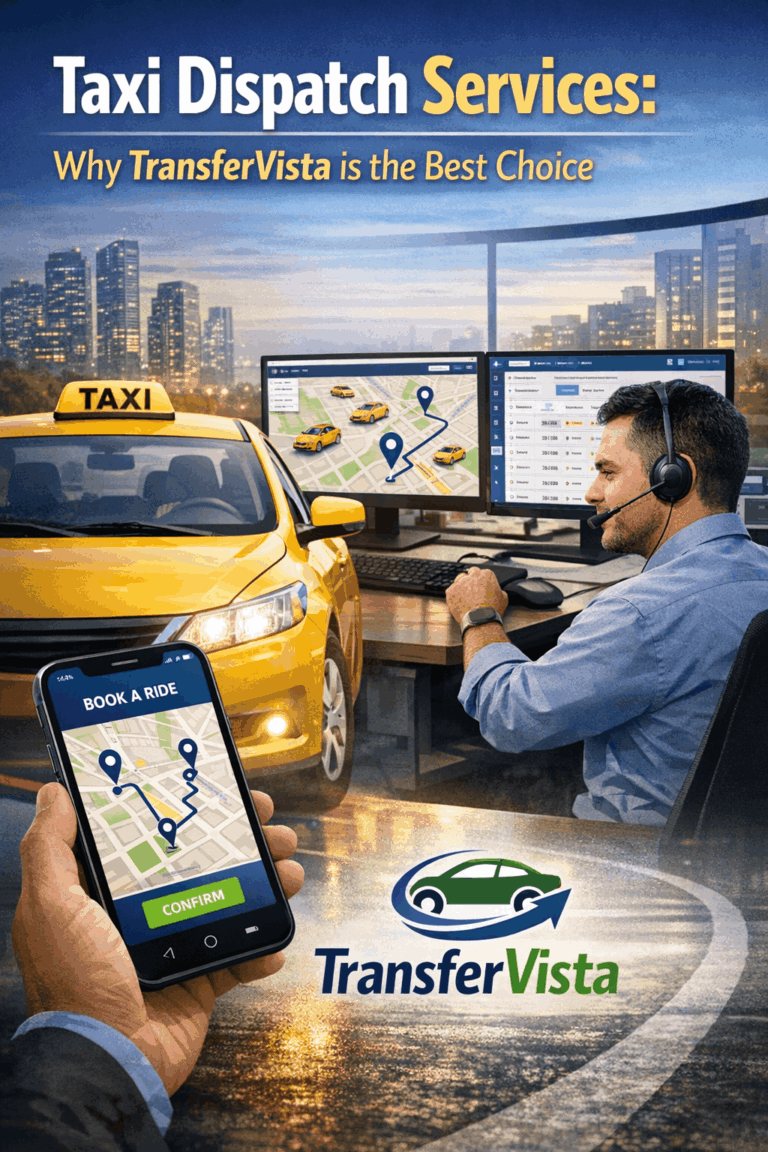 Taxi dispatch services with TransferVista platform showing taxi booking app, live map tracking, and dispatcher dashboard.