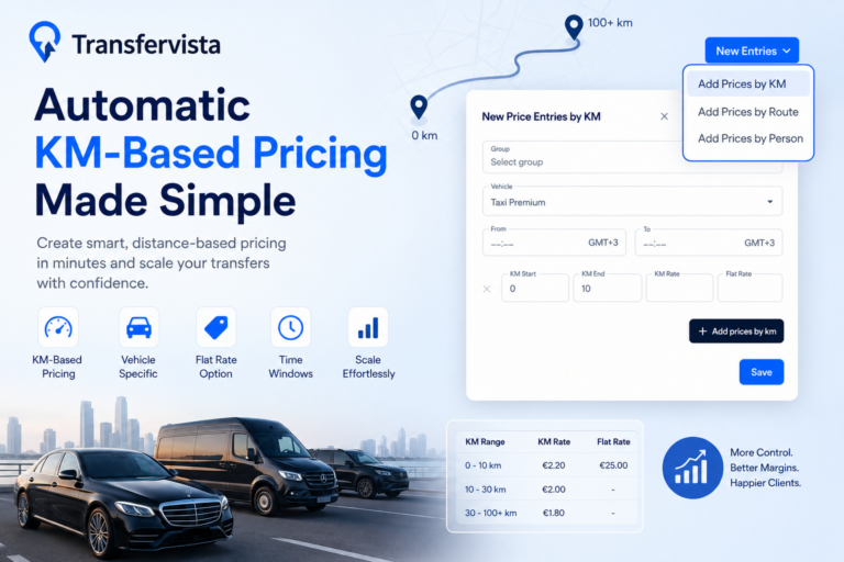 Transfervista automatic KM-based pricing widget showing how to add distance-based vehicle pricing with configurable kilometer ranges, rates, and flat pricing options.