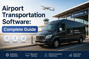 Airport transportation software guide featuring a modern airport shuttle van outside an airport terminal.
