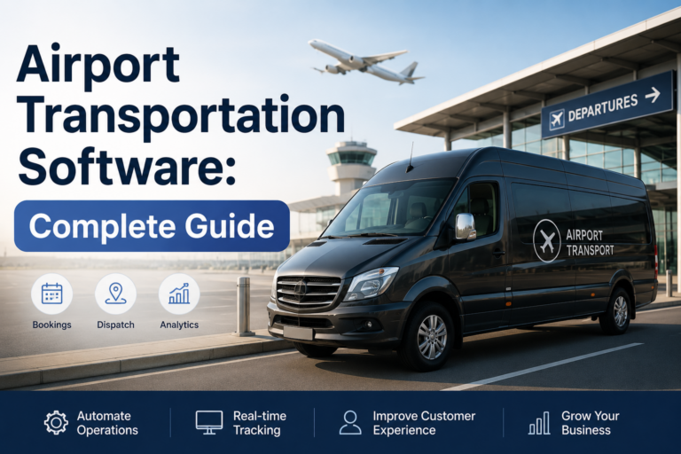 Airport transportation software guide featuring a modern airport shuttle van outside an airport terminal.