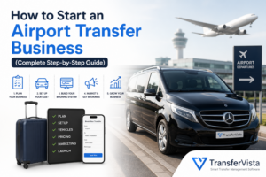 Airport transfer business guide cover featuring a luxury airport shuttle van, airplane, and the title "How to Start an Airport Transfer Business (Complete Step-by-Step Guide)" with TransferVista branding.