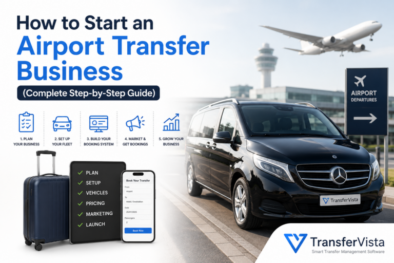 Airport transfer business guide cover featuring a luxury airport shuttle van, airplane, and the title "How to Start an Airport Transfer Business (Complete Step-by-Step Guide)" with TransferVista branding.