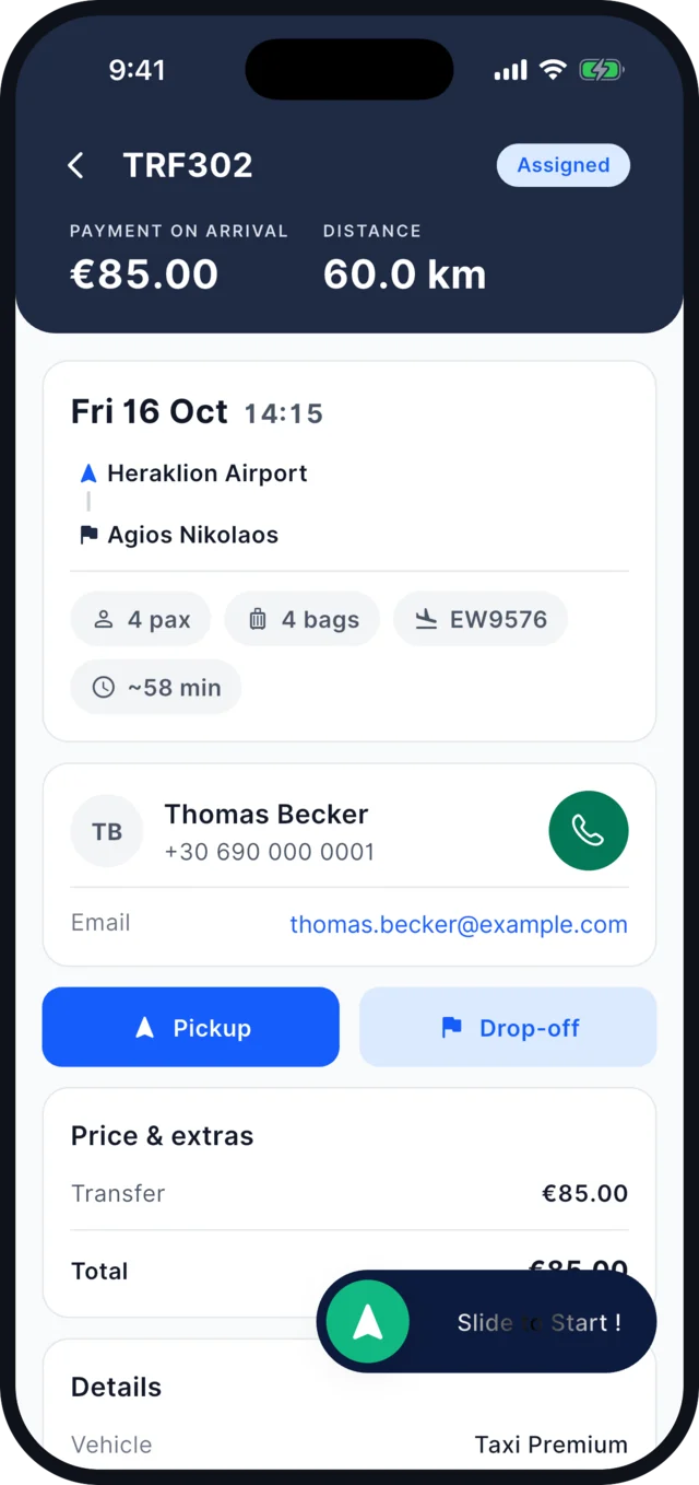 TransferVista driver app: booking detail with flight number, passengers, bags and a call button