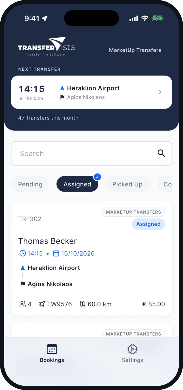 TransferVista driver app: the next transfer and the list of assigned bookings