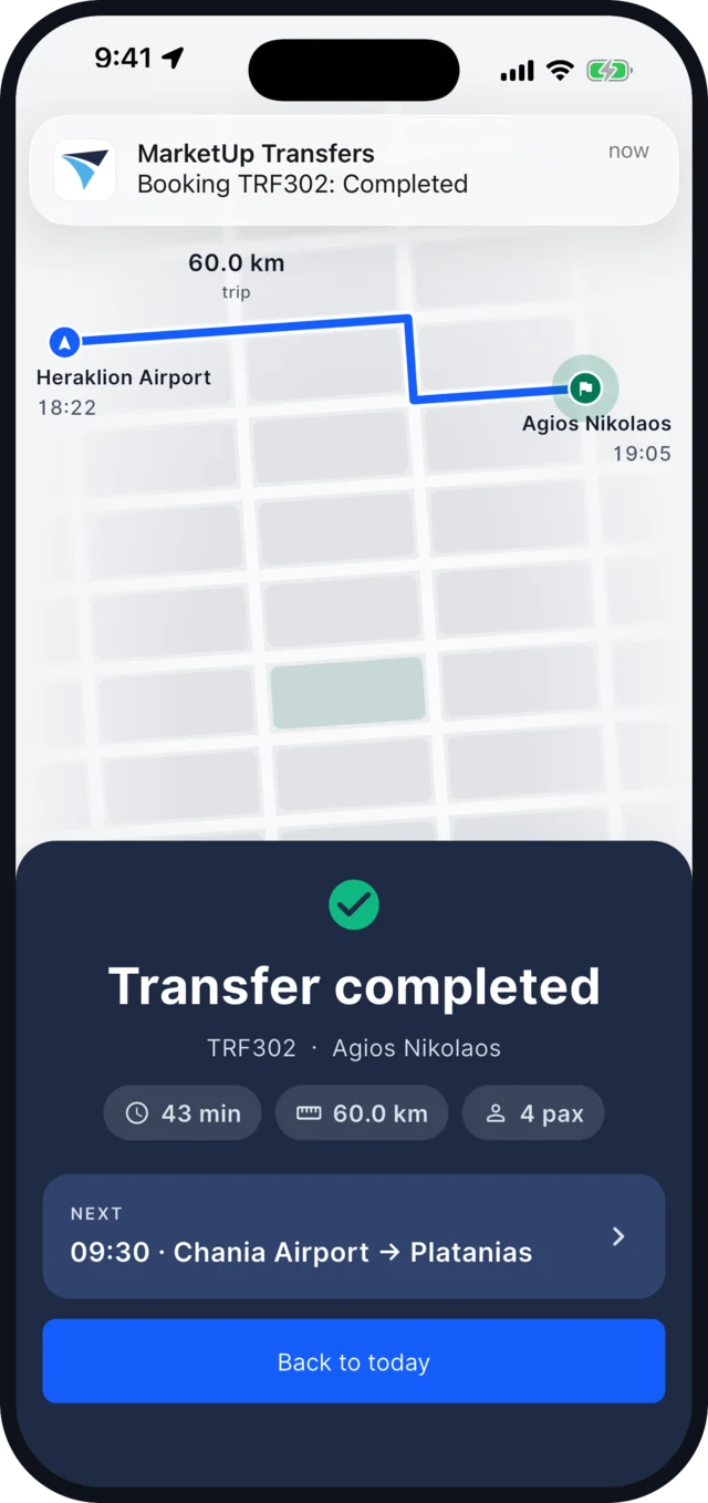 TransferVista driver app: transfer completed, with trip time, distance and the next transfer