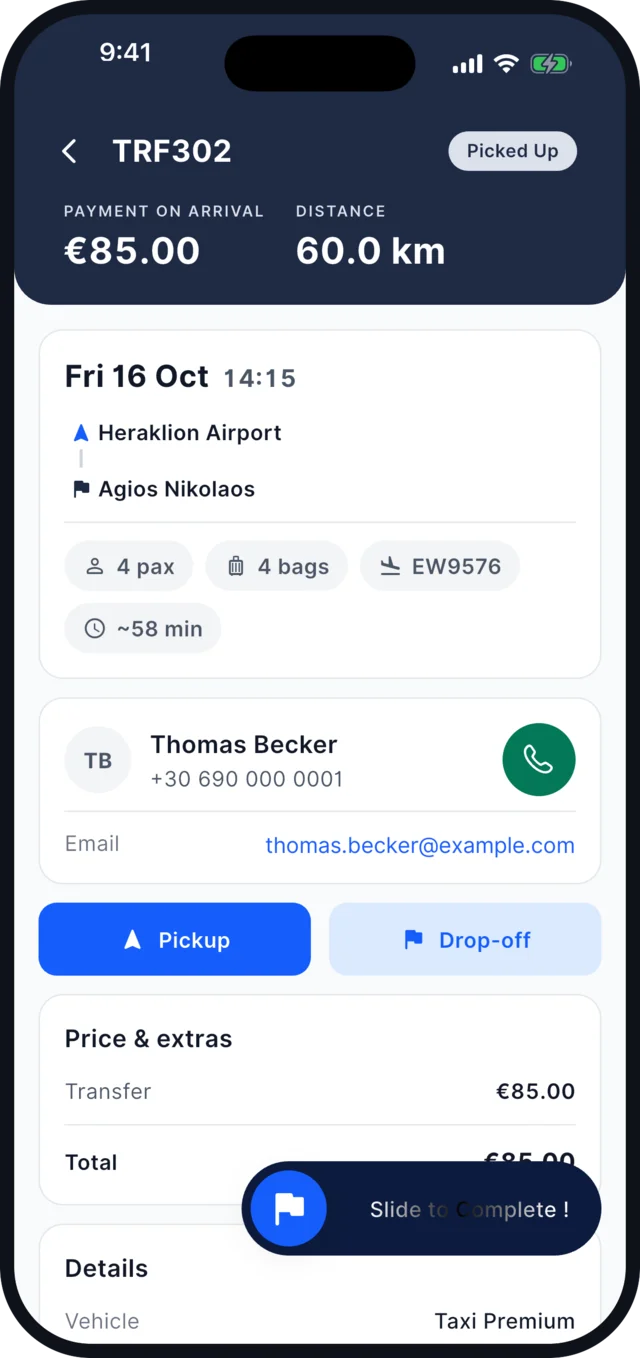 TransferVista driver app: a transfer in progress with the slide-to-complete control